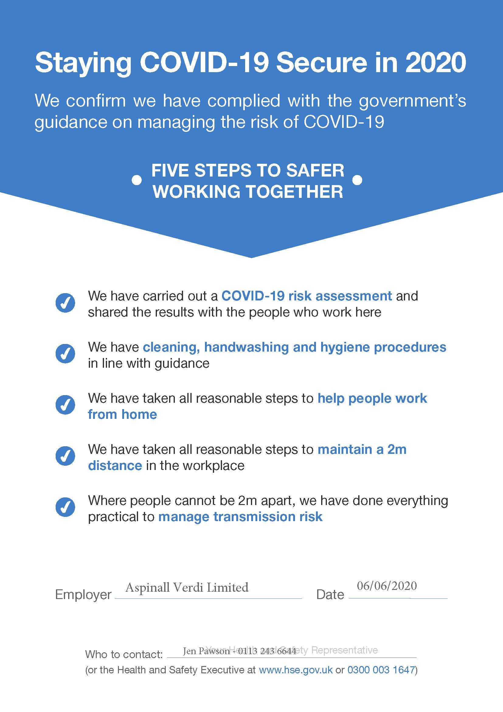 Staying Covid-19 Secure AspinallVerdi Update - June 2020